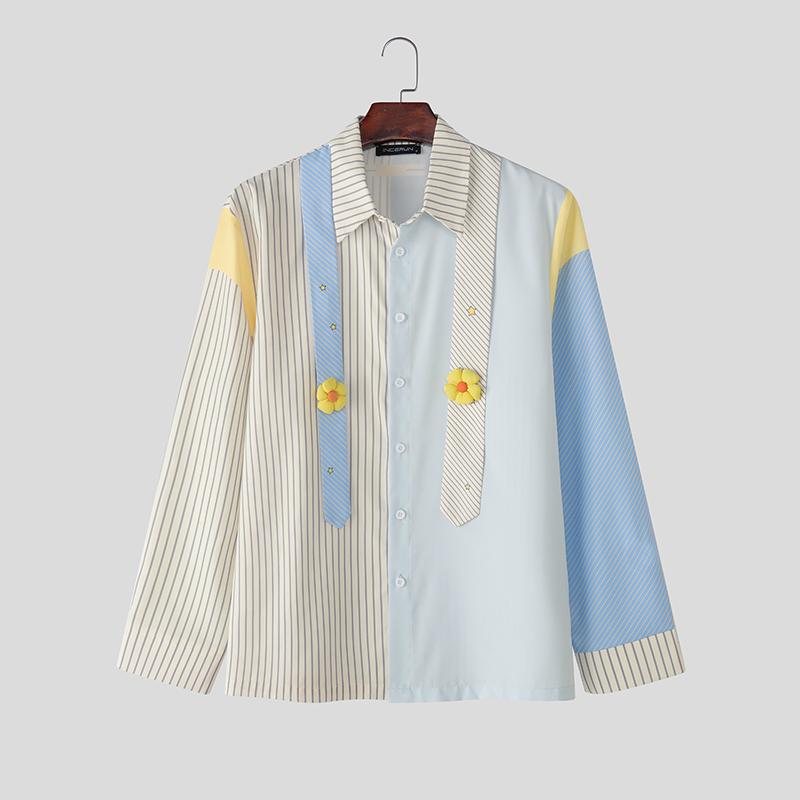 INCERUN Мужские рубашки оверсайз с лацканами, длинными рукавами, полосатые, с 3D цветами, повседневные, свободного кроя