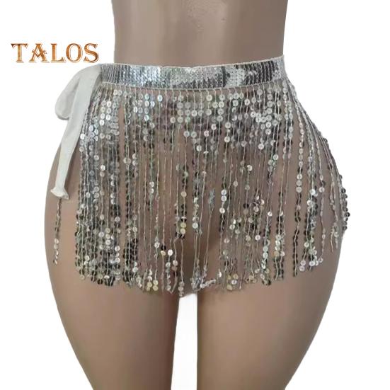 Юбка с пайетками и кисточками, блестящая мини-юбка для танца живота, бахрома, шарф на бедра для рейв-фестиваля, клубная одежда, костюм для выступлений на вечеринке