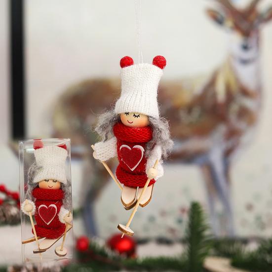 Christmas Ski Girl Doll Handmade Knitted Hat Clothes Reusable Xmas Tree Hanging Gnome Decoration Ornament Pendant Party Holiday Festival Gift