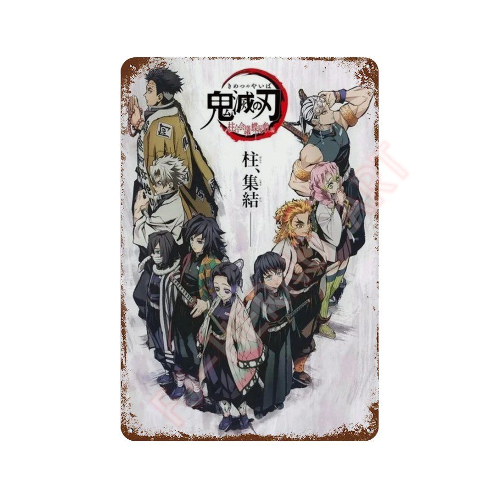 Classic Pop Anime Demon Slayer Kyojuro Rengoku Art Poster Metal Tin Sign Plaque Wall Plates for Living Room Modern Home Decor