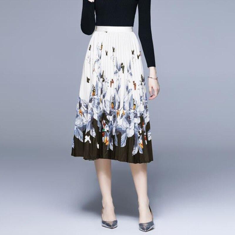 Qooth Женская плиссированная юбка с эластичной резинкой на талии и принтом бабочки, элегантная винтажная юбка трапециевидной формы миди на весну и лето QT2209