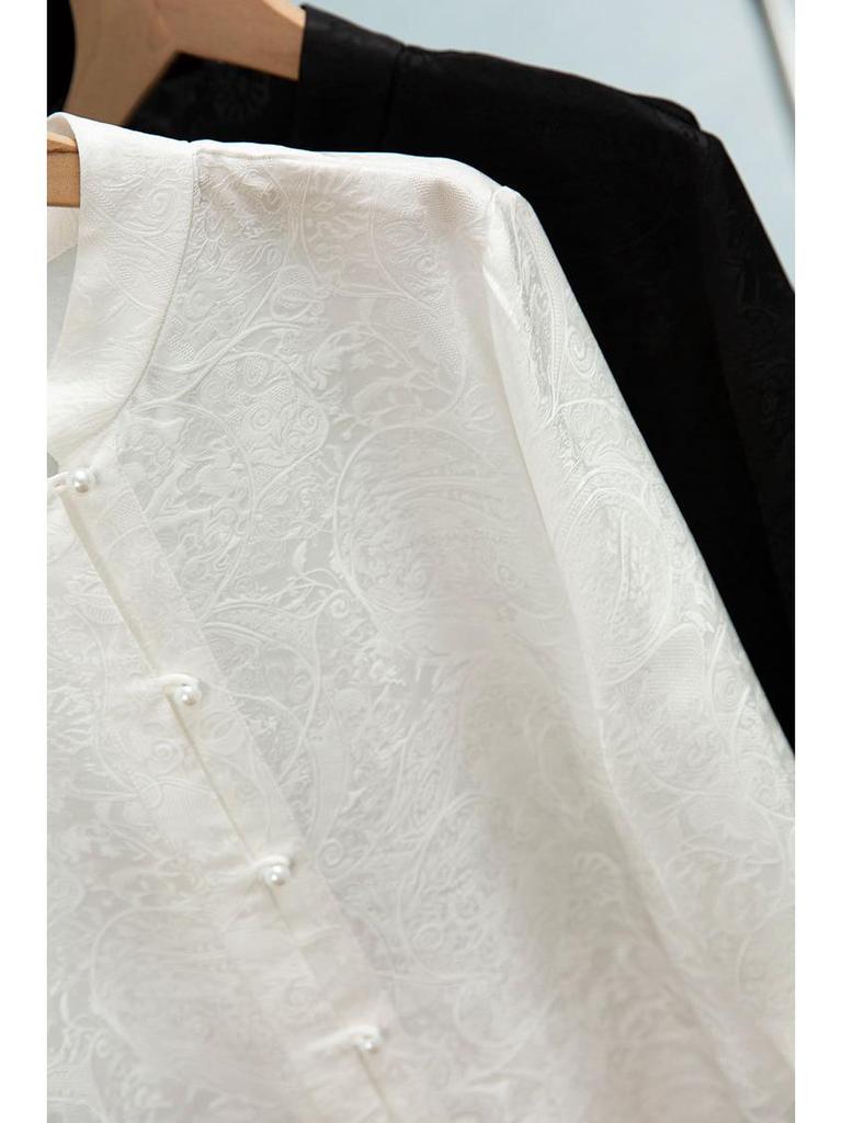 Элегантная женская рубашка из шелкового жаккарда с цветочным узором, воротником-стойкой и длинными рукавами