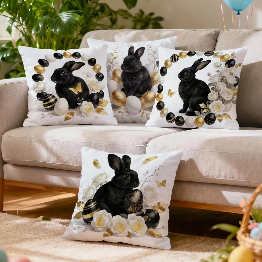 4 Pcs Black Rabbit And Golden Egg Single-Sided Printed Pillowcase Cushion Cover,Suitable For Living Room,Bedroom,Car Decoration