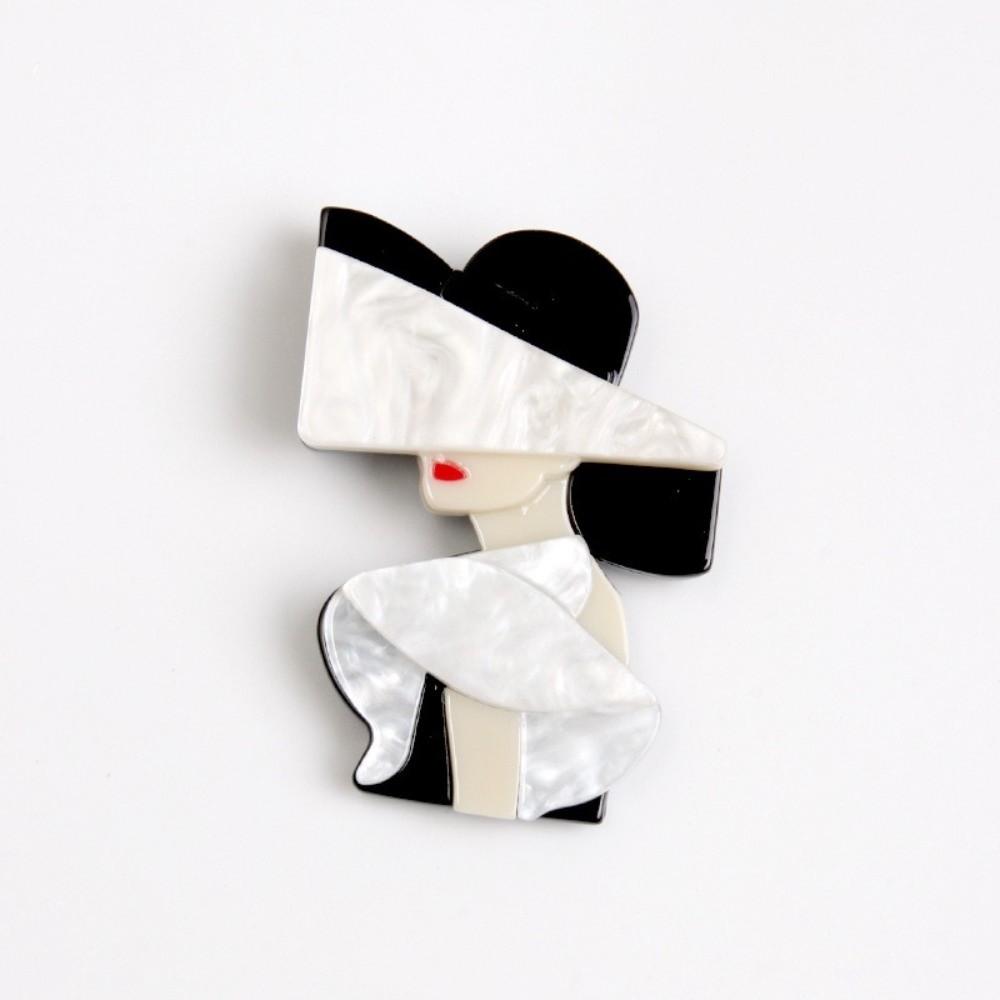 Cartoon Women Portrait Pin Acrylic Girl Badge Retro Lady with Hat Brooch