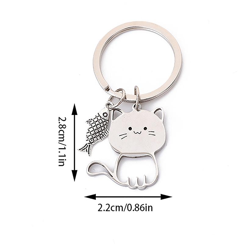 Funny Cartoon Cat Fish Keychain Couple Lovers Stainless Steel Keyring Lovely Pendant Key Chain Valentine'S Day Gift Jewelry