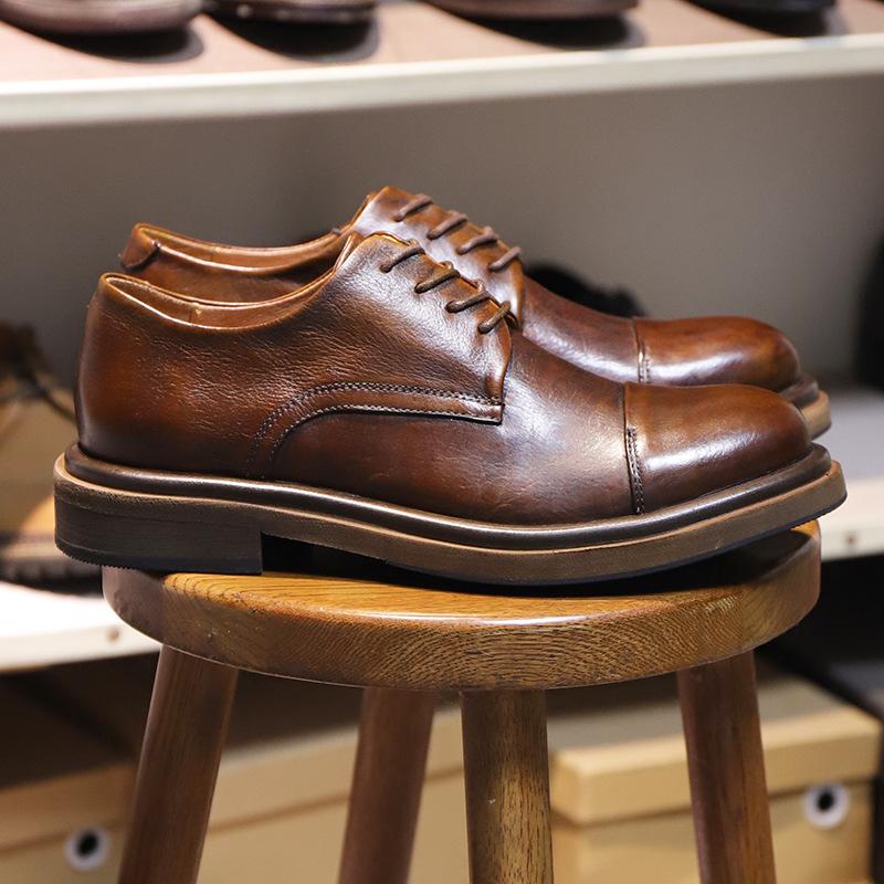 Кожаные дышащие универсальные деловые повседневные кожаные туфли мужские с круглым носком на шнуровке на толстой подошве износостойкие синие туфли дерби