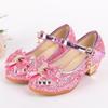New Girls' Small High-heeled Leather Shoes with Sequined Upper Bow Decoration Children's Dance Princess Shoes