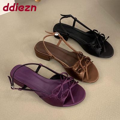 Мода Новинка Мода Круглый Носок Женские Сандалии на Низком Каблуке Обувь Женская Обувь с Бантом-Бабочкой Неглубокие Женские Сандалии на Каблуке Обувь