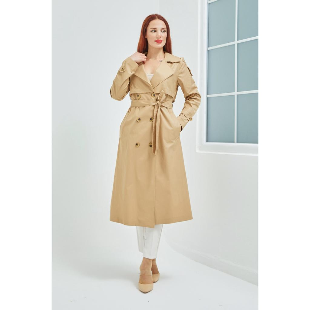 Waterproof Medium Length Unlined Cotton Double Breasted Trench Coat Beige 3440