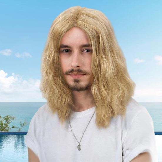 Men Wig Headgear Curly Blond Vintage Shoulder Length Handsome Corn Perm Chemical Fiber Full Head Set Soft Natural Hair Extensions