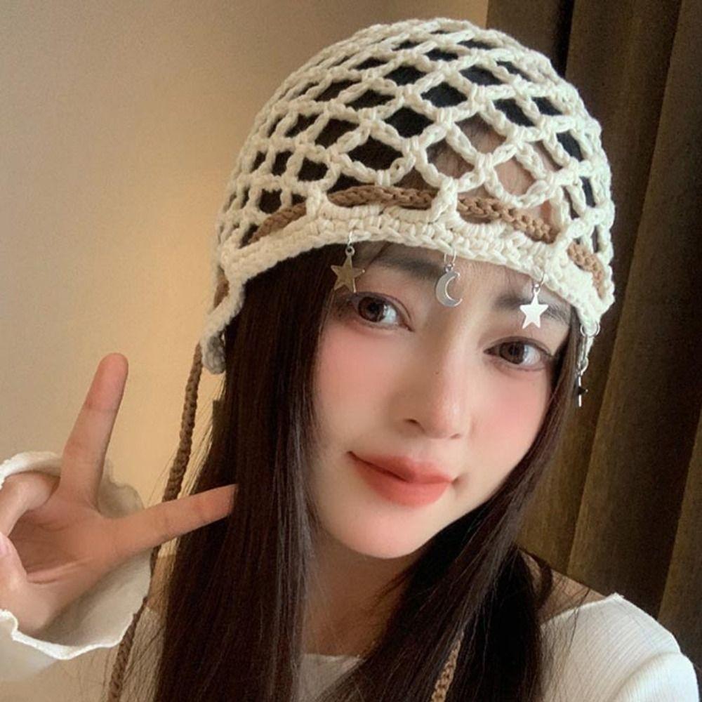 Weave Cap Tassel Pullover Hat Bohemian Korean Crochet Cap Vintage Hollow Knitted Beanies Hat  Women