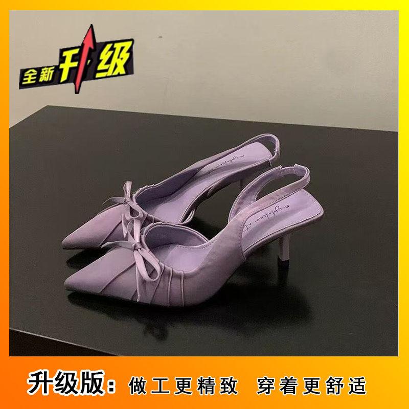 Темпераментные сандалии с острым носком и бантом-плиссе, туфли-лодочки, французская ниша, высокие каблуки, женские, новые модели весна-лето 2025