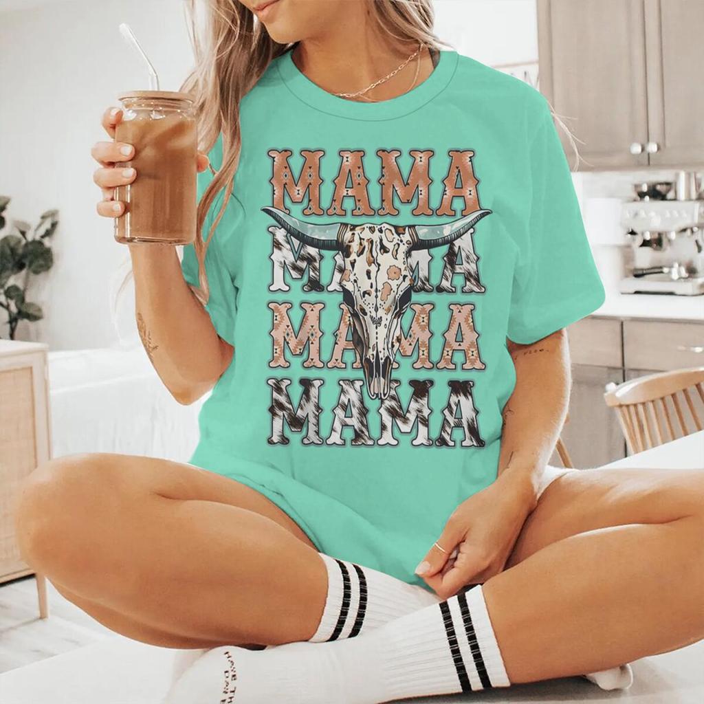 Cowboy Style Mama Print Women T Shirts Fashion Short Sleeve Crewneck Mommy Streetwear Vintage Mothers Day Tshirts Gifts