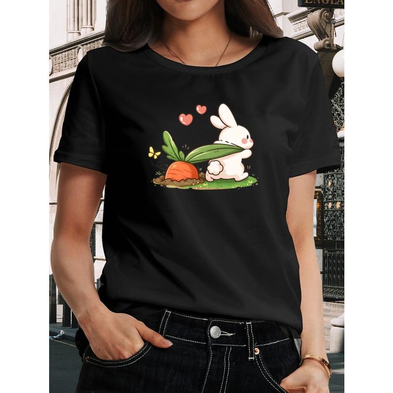 Women Rabbit Pulling Radish Print T-Shirt Round Neck Short Sleeve Spring Summer Autumn Casual Stylish Comfortable Machine-Washable Top