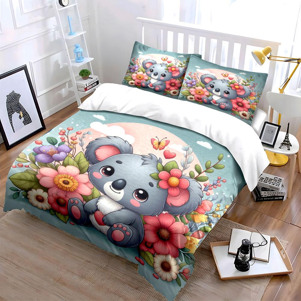 Cute Koala with Flowers Bedding Bedding Duvet Cover Set Duvet Cover Pillowcases (1 * Duvet Cover 2 * Pillowcases, without duvet insert)