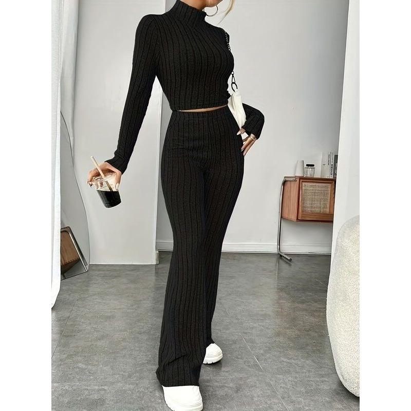 Solid Color Pit Stripe Long Sleeved Knitted Sweater Set Casual Sweater Suits Office Lady Outfits Sportwear 2 Piece Pant Sets