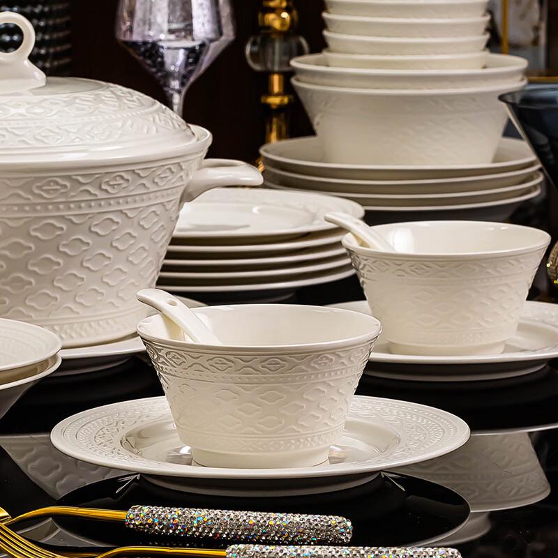 Набор обеденной посуды Handon Jingdezhen, чисто-белый, с французским рельефом, подглазурная роспись