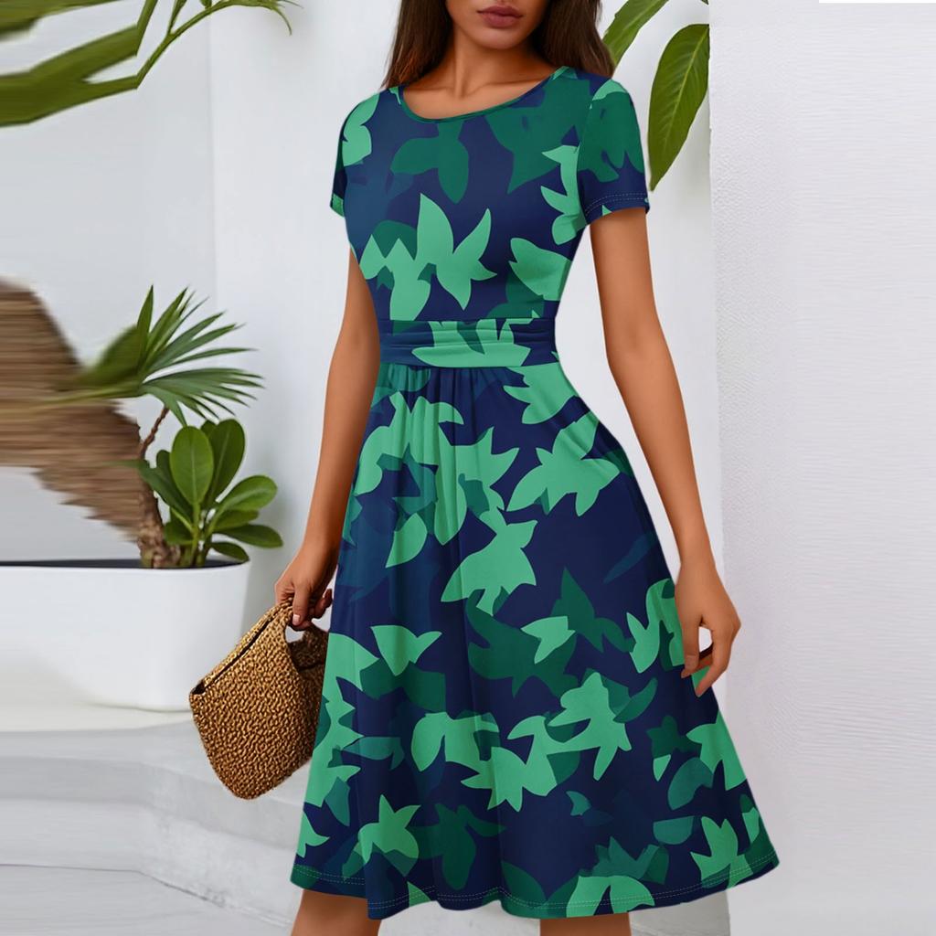 Женское повседневное модное платье миди А-силуэта с круглым вырезом, плиссированными короткими рукавами и цветочным принтом
