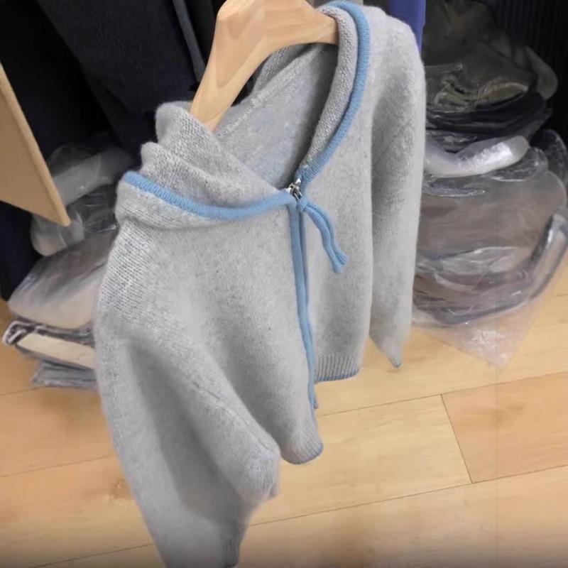 Hooded wool knitted cardigan women's autumn and winter new contrasting color zipper casual soft waxy sweater top