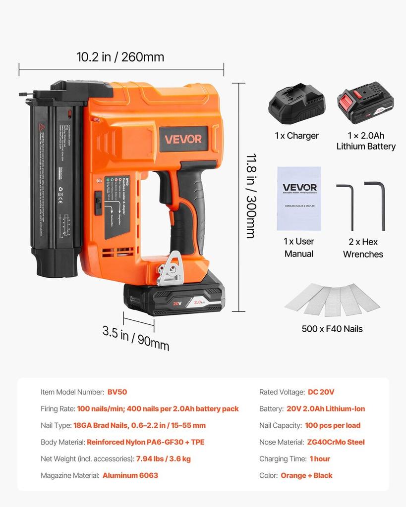 Cordless Brad Nailer, 18 Gauge, 20V Battery Powered Nail Gun, with 500 pcs Nails, 2.0 Ah Li-ion Battery and Charger, Adjustable Nailing Depth, for