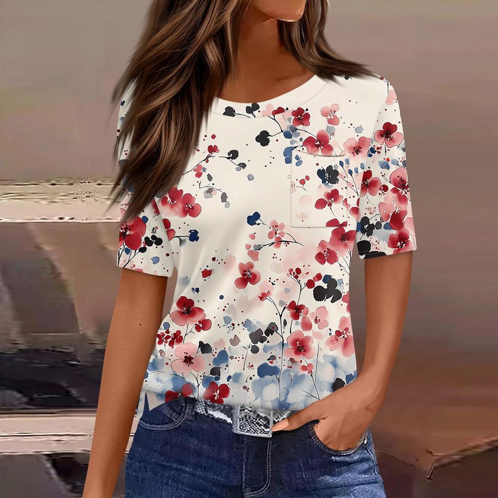 T Shirts For Women Round Neck Dressy Casual Blouses Printing Short Sleeve Summer Tops Loose Fit