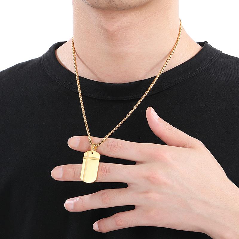 Punk Stainless Steel Square Pendant Necklace for Men Simple Stone Pattern Dog Tag Accessories Personalized Trendy Jewelry