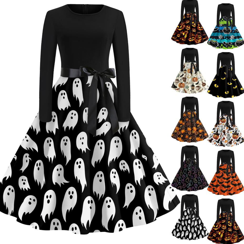 Women's Casual Retro Halloween Dress Long Sleeve Round Neck Vintage Fit and Flare Dress with Bat Print and Waist Tie Belt for Everyday Wear