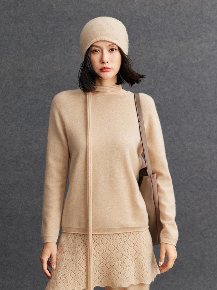 Women's Cashmere Rolled Edge Pullover - 2026 Autumn Round Neck Solid Color Knit Sweater
