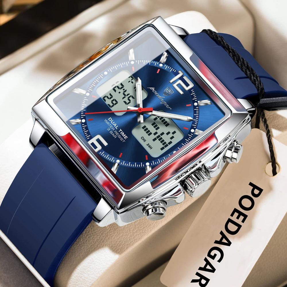 POEDAGAR Luxury Top Man Watch Electronic Square LED Alarm Chronograph Watches Week Date Dual Time Display Quartz Clock