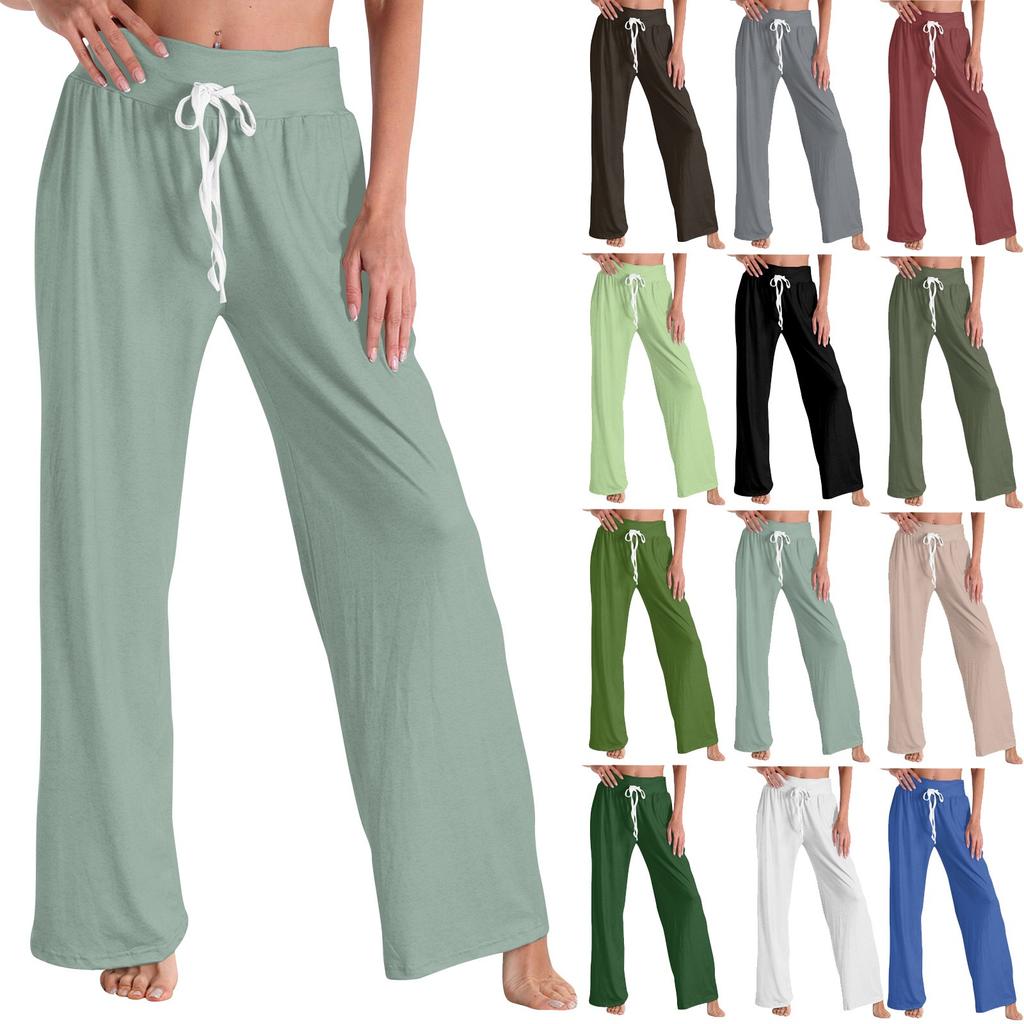 Women's Fashion Casual Comfortable Pajama Pants Solid Color Printed Drawstring Wide Leg Pants Trousers