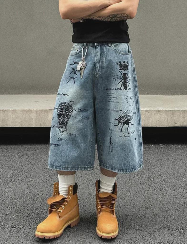 Мужские джинсовые шорты в стиле ретро с эффектом граффити — свободные, прямые, повседневного кроя на лето