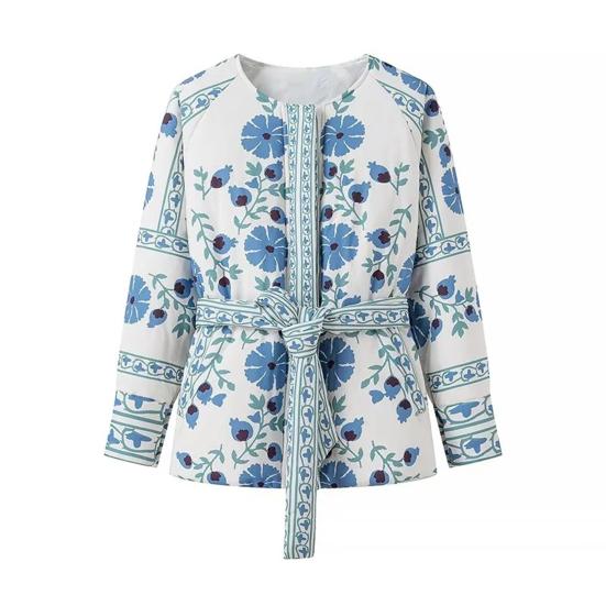 Женская стеганая куртка с цветочным принтом, пуховик с длинным рукавом, круглым вырезом, застегивающийся на пуговицы, верхняя одежда, пальто с поясом