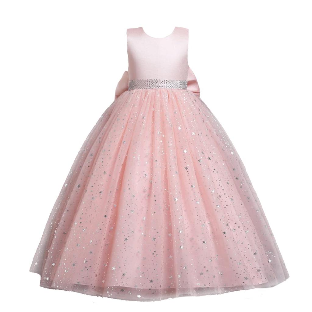 VIISEN Dress for Piano Formal Dress with Bow and Junior Long Dress with Star Suitable for and Size Children's Recitals, Girls' Ribbon, Pattern, Stage,