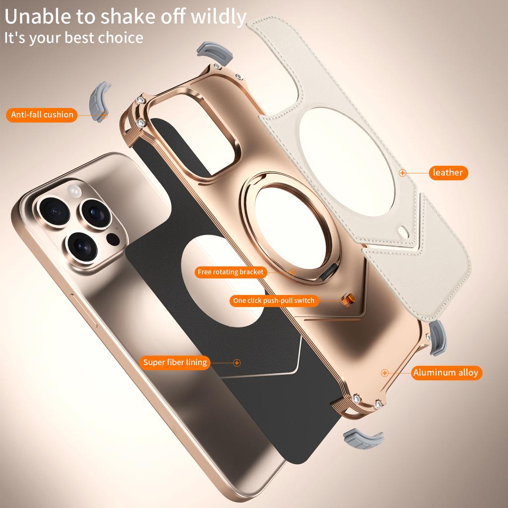 Чехол для iPhone 14 Pro Max, задняя крышка для телефона из металла без бортов, обтянутая ПУ, с подставкой