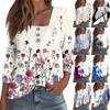 Women's Fashion Casual Long Sleeve Shirt Floral Printed Button V Neck Up Tops