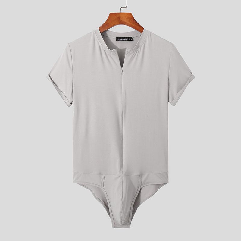 INCERUN 3Colors Jumpsuits Mens Fashion Summer Wear Short Sleeved Body Fit Suit Zipper Up Jumpsuits Solid Homewear S-5XL
