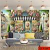 Two-dimensional flat banner,1 piece of background fabric. Spring flower shop and bicycle street scene with retro country