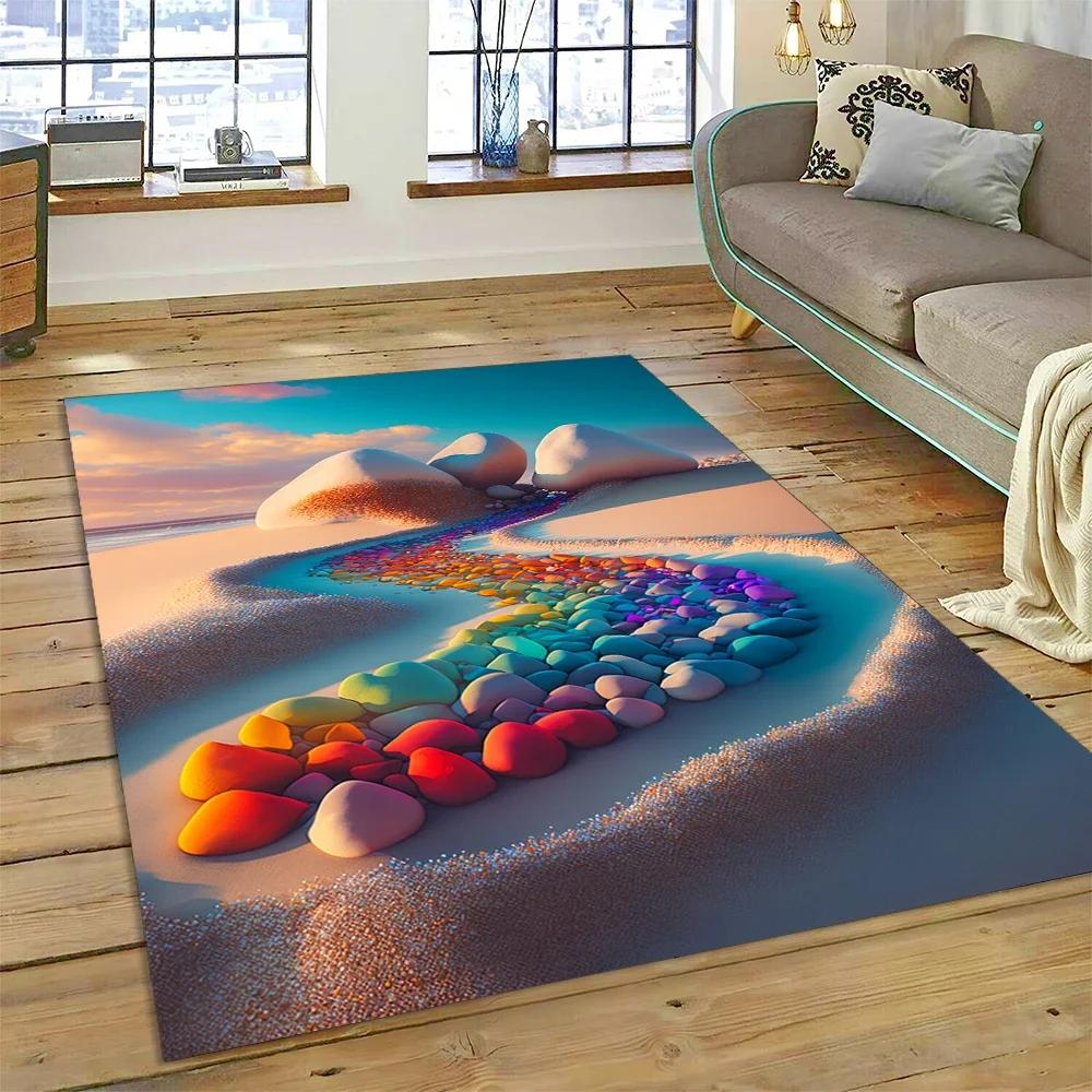 2025 New Style Colorful Pebble Rainbow Road Beach Stone Nature Carpet Rug for Living Room Bedroom Home Sofa,Non-slip Floor Mat