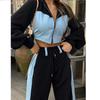 Denim Patchwork Top+pant 2 Piece Sets Women's Spring Fashion Zipper Hoodies Coat Outfits Casual Wide Leg Sweatpants Suit Women
