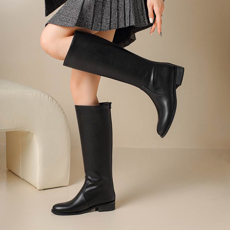 Krazing Pot Осенне-зимняя обувь из коровьей кожи, сапоги для верховой езды, круглый носок, сохраняющий тепло, квадратная металлическая пряжка, высокие каблуки