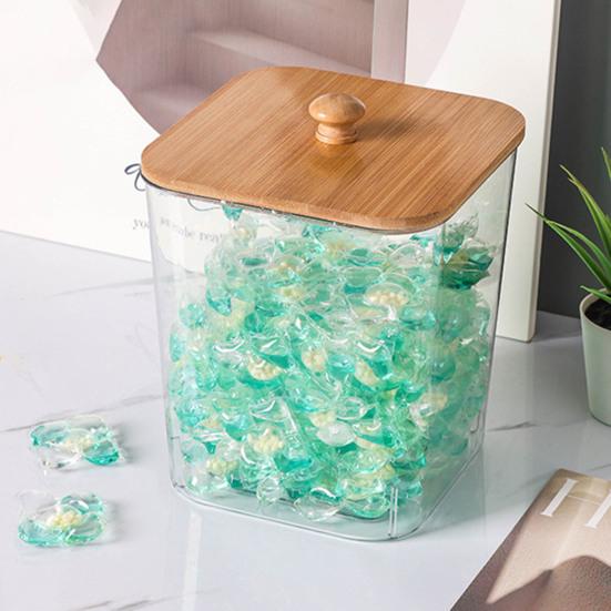 Контейнер для хранения шариков для стирки с бамбуковой крышкой, широкое отверстие, акриловый контейнер, органайзер для шариков стирального порошка, влагозащитный