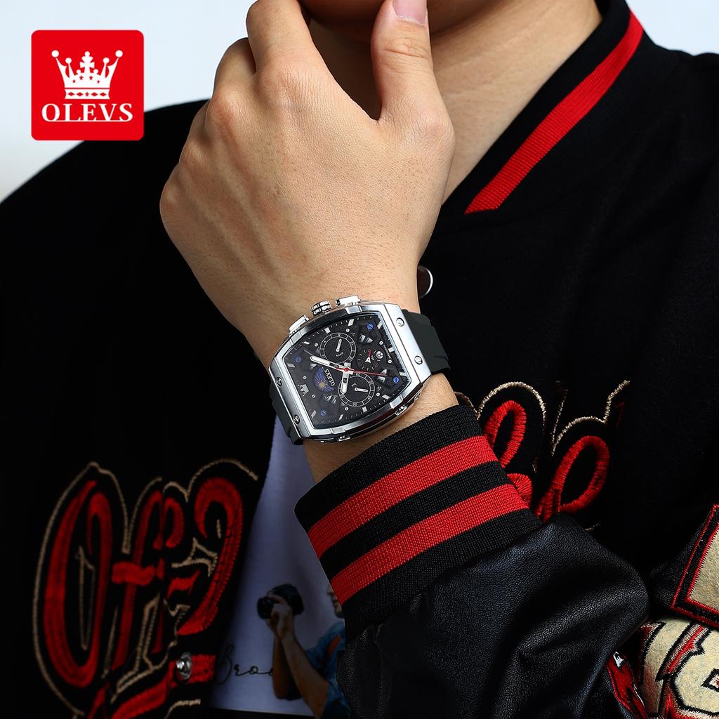 OLEVS Men's Watches Trendy Silicone Strap Moon Phase Auto Date 43mm Large Dial Wristwatches Original Waterproof Chronograph 2942