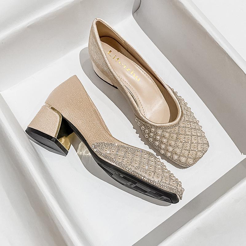 2024 Весна Лето Женские Модные Туфли-Лодочки Новые Туфли OL Party Square Casual High Heels Женские Мокасины со Стразами и Жемчугом 35-43