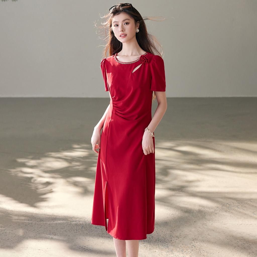 High quality dress, 26 year summer outfit, high-end and exquisite dress, slimming down and covering the belly, small skirt, mid length skirt