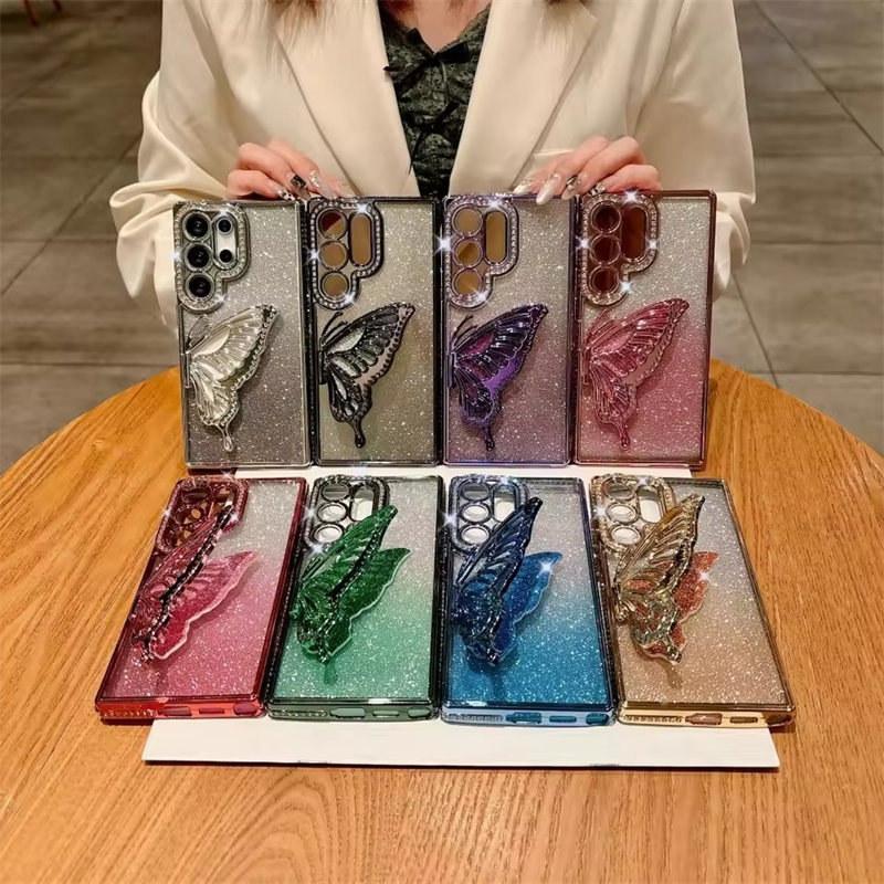 Модный держатель-бабочка с блестками для Samsung Galaxy S25 Ultra S24 FE S23 S22 Plus Diamond Cover