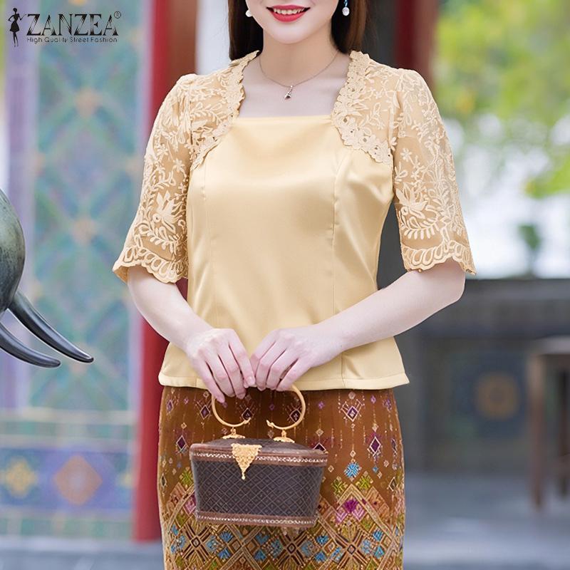ZANZEA Женская повседневная атласная блузка с квадратным вырезом, кружевной вставкой и рукавами до локтя