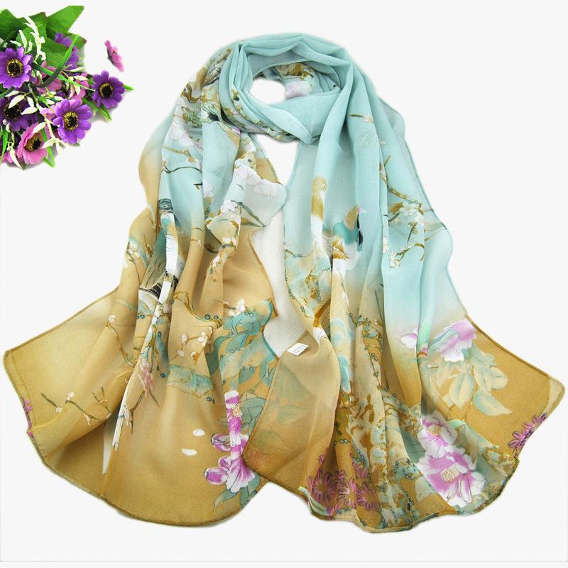 Scarves Natural Style Spring and Autumn Printed Flowers and Birds Rectangle Sun Protection Chiffon Scarf