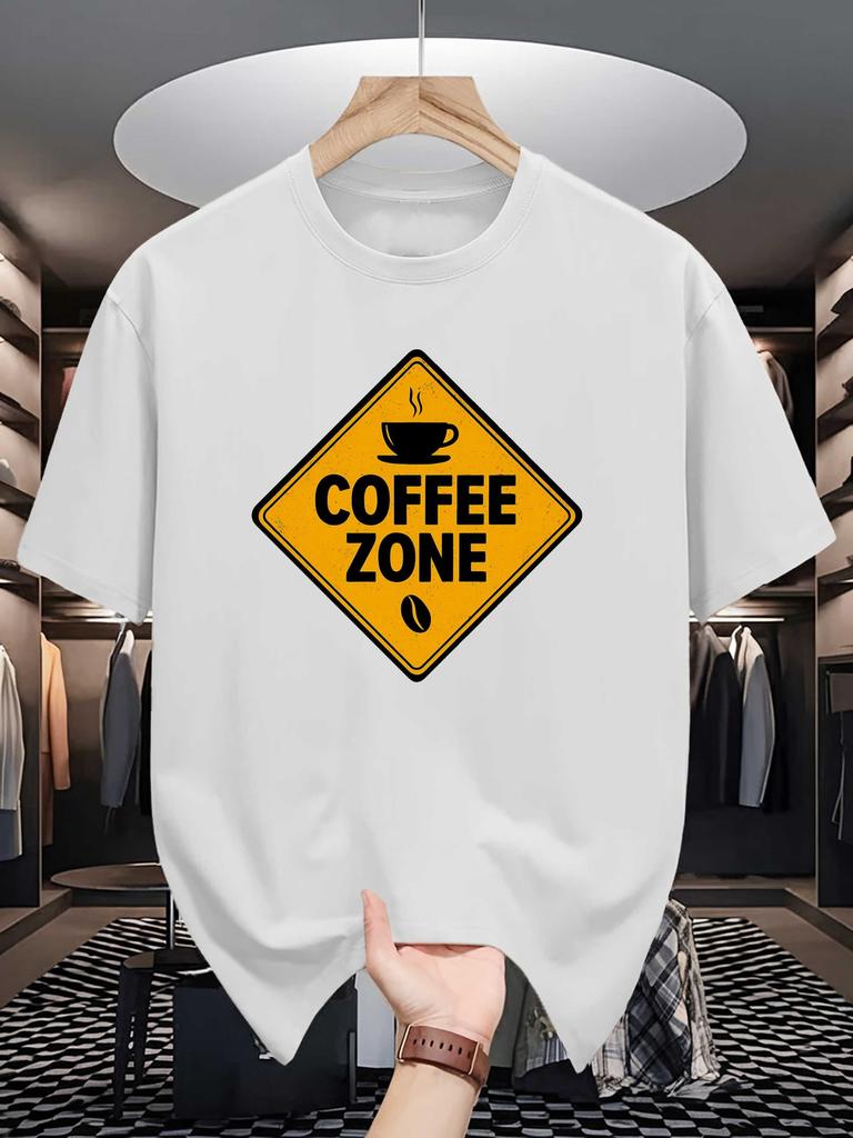 Unisex Crew Neck Tee Coffee Zone Retro Sign Letter Graphic Print Soft Cotton Loose Short Sleeve Summer Casual Male Streetwear Tops