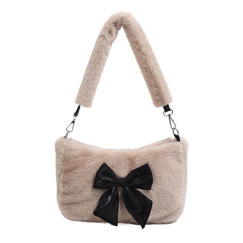 Handheld Fluffy Women's Bag, New Autumn and Winter Plush Bag, Cute Bow Small Square Bag, Shoulder Messenger Bag.