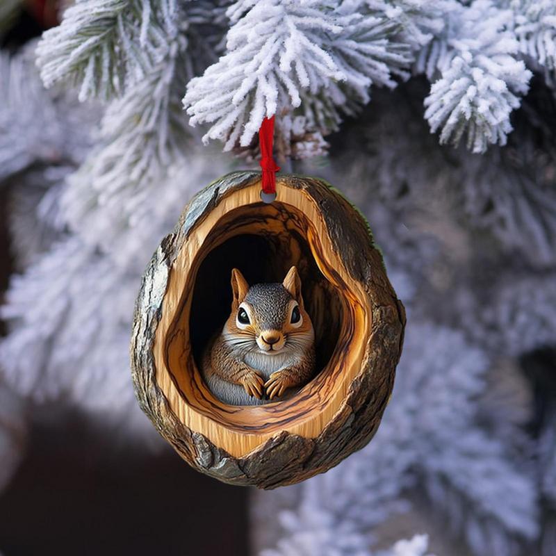 Animal Christmas Ornaments 2D Cute Christmas Acrylic Pendant Animal Raccoon Owl Squirrel Hedgehog Bunny Bird Wildlife Ornaments